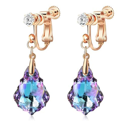 Austrian Crystal Baroque Drop Clip On Dangle Earrings for Women Non Pierced 14K Rose Gold Plated Hypoallergenic Jewelry - color: Vitrail Light