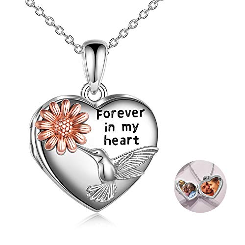 YFN Locket Necklace 925 Sterling Silver Heart Locket Necklace that Holds Pictures for Women Jewelry Gifts - style: heart hummingbird flower
