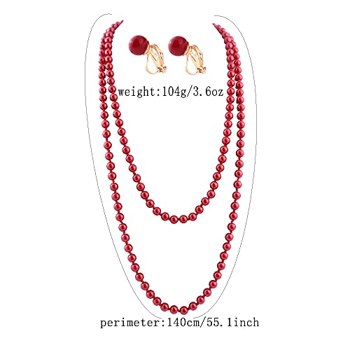 Handmade Faux Pearl Necklace and Clip on Earrings Jewelry Sets for Women Bib Choker Collar Necklace - color: 140cm Red Necklace+Clip Earrings