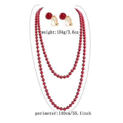 Handmade Faux Pearl Necklace and Clip on Earrings Jewelry Sets for Women Bib Choker Collar Necklace - color: 140cm Red Necklace+Clip Earrings