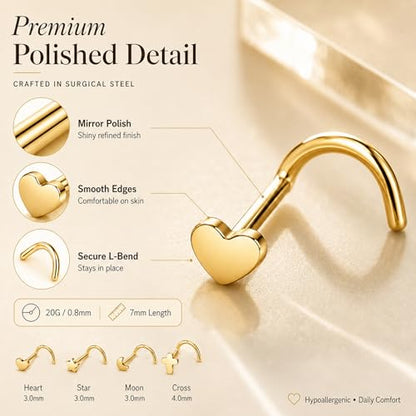 20G Nose Rings for Women, L Shaped Nostril Piercing Studs | 316L Stainless Steel, 0.8 mm×7 mm, 2 mm CZ or 3-4 mm Heart, Star, Moon and Cross, Gold-Tone or Silver-tone, Daily Wear - style: Gold Style A