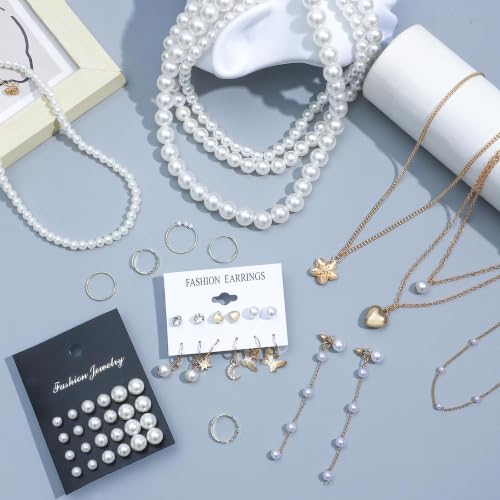 NEWITIN 69 Pieces Gold Jewelry Set for Women Fashion Costume Jewelry Gold Plated Necklace Bracelet Earrings Set for Women - color: Pearl Jewelry Set