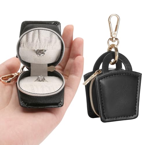 KUKUVR Travel Jewelry Ring Holder Box with Keychain (Black) | Small Ring Earring Stud Necklace Storage Case, for Gym Sports - color: Black
