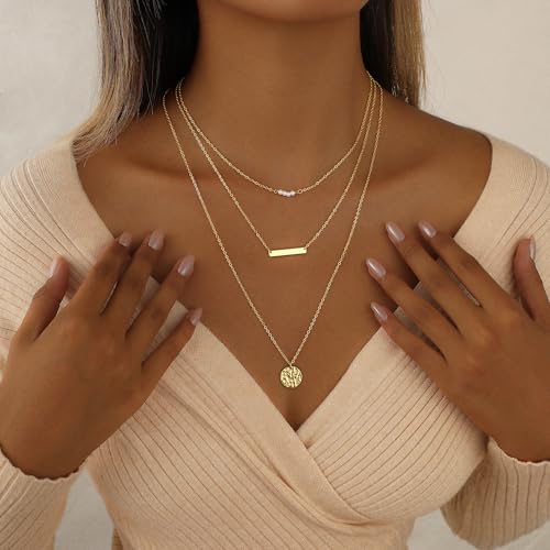 Layered Necklaces for Women 14K Gold Plated Stack Circle Pendant Trendy Long Chain Stackable Handmade Coin Necklace Set Dainty Gold Stacked Jewelry Gifts - color: Gold-4