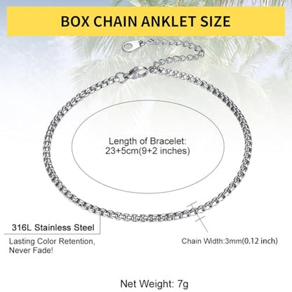 ChainsHouse Ankle Bracelets for Women, Stainless Steel Beaded Chain Ankle Bracelet, Womens Heart Anklets for Summer Beach Jewelry Gifts - color: G: box-3mm-stainless steel