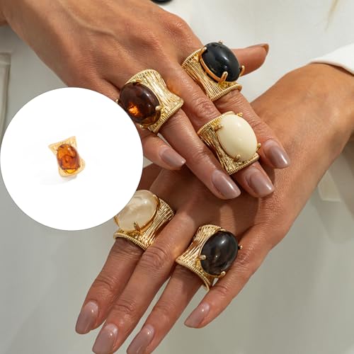 Geometric Open Ring, Adjustable Statement Rings with Non-Fading Hand-Marbled Resin Wide Band, Metallic Stripe Accent Finger - color: black gray