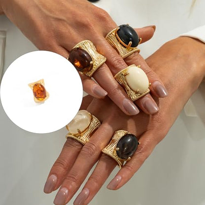 Geometric Open Ring, Adjustable Statement Rings with Non-Fading Hand-Marbled Resin Wide Band, Metallic Stripe Accent Finger - color: cream