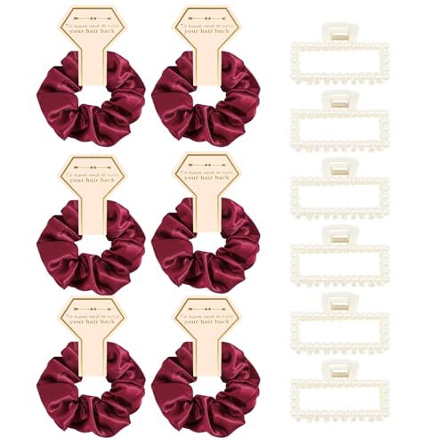 Bridesmaid Proposal Gifts, 12 PCS Bridesmaids Silk Hair Scrunchies & Pearl Hair Clips Set for Women Bachelorette Party Favors Bridal Shower Favors Bridesmaids Gifts for Wedding Day (Wine Red) - color: Wine Red