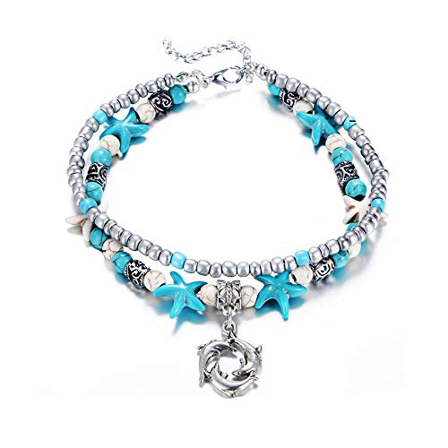 Softones Blue Starfish Turtle Anklet Multilayer Charm Beads Sea Handmade Boho Anklet Foot Jewelry for Women - style: C:Dolphin