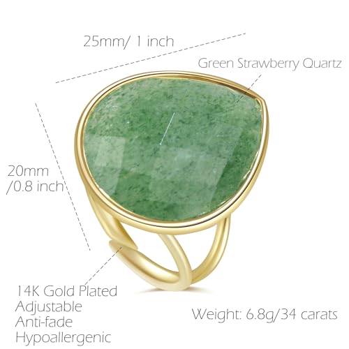Crystal Ring for Women, Natural Rose Quartz Green Fluorite Ring for Her, Teardrop Shape Gemstone Ring, Handmade rose quartz Jewelry Adjustable Ring. - color: Green Strawberry Quartz