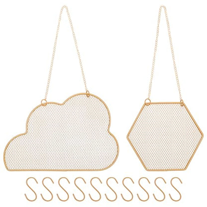 2pcs Gold Wall Mounted Earring Organizer with 10 Hooks,Decorative Jewelry Stand Diamond Grid Display Rack Hanging Hook,Metal Jewelry Holder for Home/Necklaces/Bracelets(Hexagon+Cloud) - size: Hexagon+Cloud