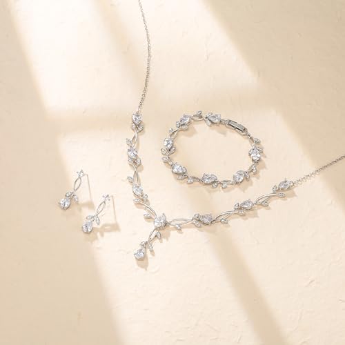 Crysdue Wedding Jewelry Set for Brides Bridesmaid, Cubic Zirconia Teardrop Marquise Leaf Cluster Pendant Necklace Bridal Tennis Bracelet Drop Earrings for Women Party Prom - style: A- CZ set- silver