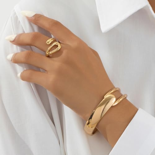 Gold Bangle Ring Set for Women Chunky Statement Jewelry Set Geometric Bangle Bracelet And Ring Minimalist Daily Wear Party Jewelry Gift - color: Gold A