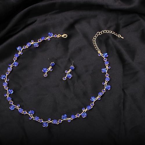 Elegant Brides Austrian Crystal Flower Choker Necklace Drop Dangle Earring Bracelet Wedding Jewelry Set for Bridesmaid Prom Costume Jewelry Set for Women - color: Blue-Gold Plated