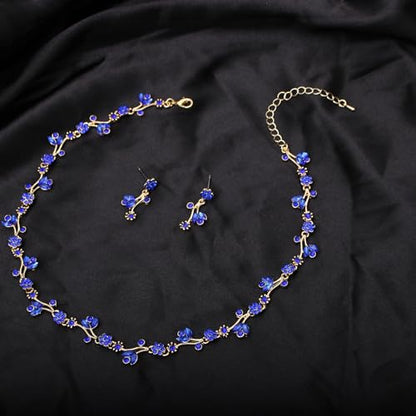 Elegant Brides Austrian Crystal Flower Choker Necklace Drop Dangle Earring Bracelet Wedding Jewelry Set for Bridesmaid Prom Costume Jewelry Set for Women - color: Blue-Gold Plated