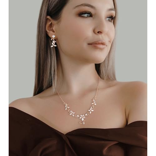 Crysdue Flower Leaf Wedding Jewelry Set for Bridal Bridemaid, Cubic Zirconia Teardrop Elegant Silver/14K/Rose Gold Plated Vine Necklace Dangle Earrings for Prom Party - style: A_Rose Gold Tone