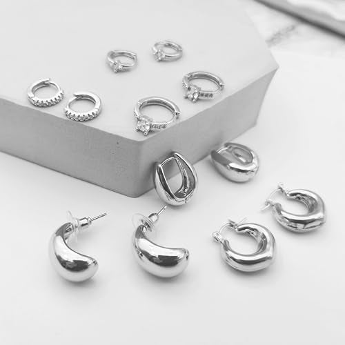 6 Pairs Gold Hoop Earrings for Women, 14K Gold Plated Huggie Hoop Earrings Set Hypoallergenic Lightweight Chunky Open Hoops Jewelry for Gift - color: Silver Earrings