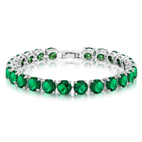 KEZEF Tennis Bracelet for Women, 7mm Round CZ, Silver Plated Brass, 6.5–8 Inch, Fold-Over Clasp - color: Simulated Green Emerald, size: 6.5 Inch