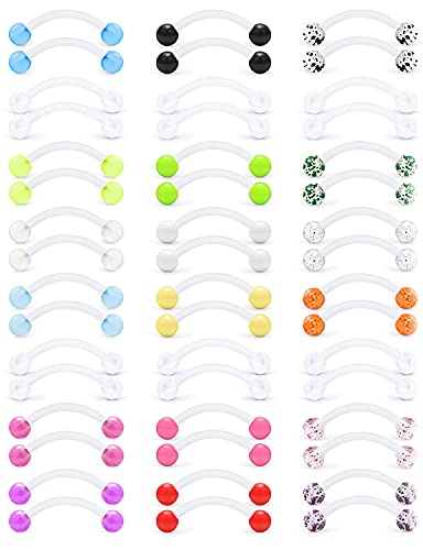 Prjndjw 14G 16mm 48Pcs Glow in The Dark Flexible Plastic Acrylic Curved Barbell Snake Eyes Tongue Nipple Ring Body Piercing Jewelry Retainer for Women Men