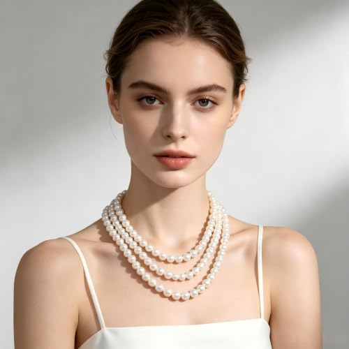 Faux Pearl Necklace for Women Multi Strand Pearl Necklaces Layered Long Pearls Beaded Necklace Wedding Party Costume Jewelry - color: 01Pearl