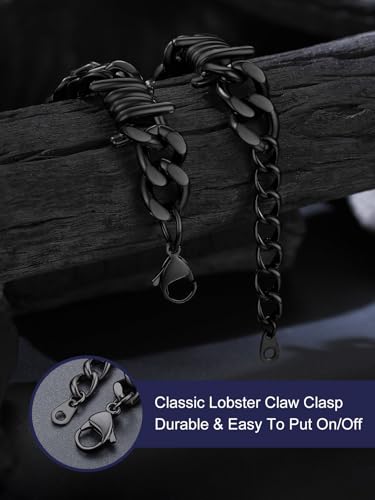 Bandmax Barbed Wire Chain Bracelets for Men Women Stainless Steel/Black/Gold Thorn Cuban Link Bracelet Adjustable Punk Emo Style Jewelry Gift - color: 11 12MM-Black Plated