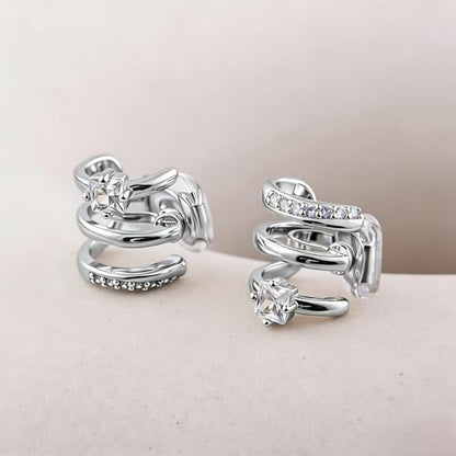 FAN&LOUIS Clip On Earrings Women, Gold Silver Triple Huggie Stud Clip-on Earrings Cubic Zirconia|Double Huggie Hoop Gold Hoop Earrings Clips for Women Trendy Lightweight - style: Silver