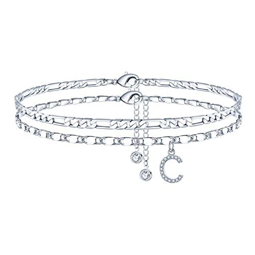 Ursteel Ankle Bracelets for Women, 14K-Gold-Plated Dainty Layered Chain CZ Initial Anklets Set Summer Jewelry Gifts for Women - style: C-Silver-Plated