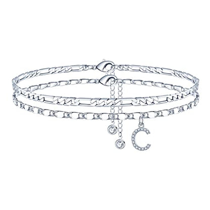 Ursteel Ankle Bracelets for Women, 14K-Gold-Plated Dainty Layered Chain CZ Initial Anklets Set Summer Jewelry Gifts for Women - style: C-Silver-Plated