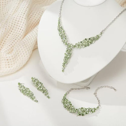 EleQueen Statement Sparkle Crystal Necklace Bracelet Dangle Earrings Set for Women, Art Deco Prom Chandelier Jewelry for Wedding Bridal - color: Green-Silver-Plated-Base
