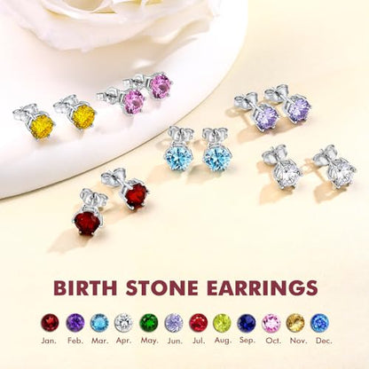 DAYBYDAY 925 Sterling Silver Birthstone Earrings for Women, Crystal Stud Earrings, 6.5mm Round Cut Solitaire Gemstone Earrings Birthday Jewelry - style: Round Cut-06. Jun/created alexandrite