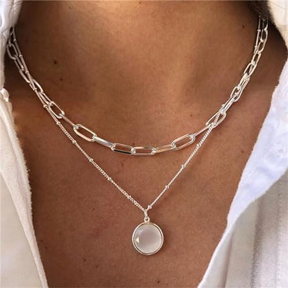 Spiritrain Boho Opal Double Chains Choker Necklace for Women Gold Silver Plated Bohemian Layered Round Moonstone Paperclip Link Chain Pendant Necklace for Birthday Holiday Party Fashion Jewelry Gifts