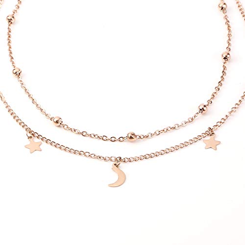BaubleStar Star Moon Charm Necklace Layering Chain Choker for Women - color: Titanium Steel/Rose Gold