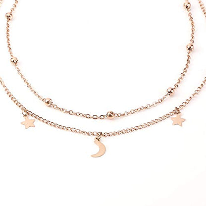 BaubleStar Star Moon Charm Necklace Layering Chain Choker for Women - color: Titanium Steel/Rose Gold