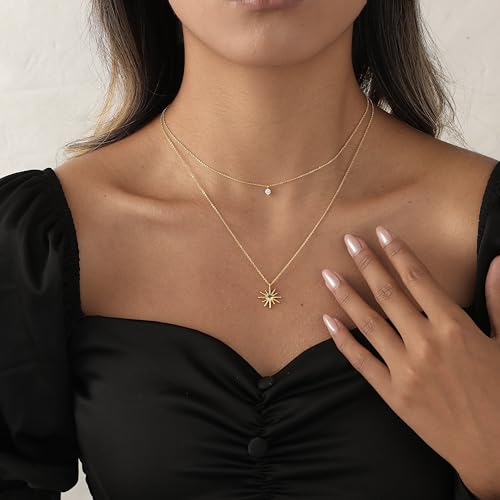 Gold Necklace For Women, Layered 14K Real Gold Plated Necklaces For Women,Dainty Gold Paperclip Chain Tear Circle CZ Pendant Necklace Stack,Trendy Gold Jewelry Set Gifts - style: Layered Diamond CZ Sun Pendant-Gold