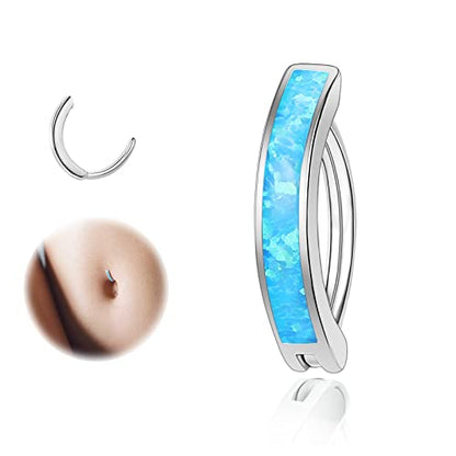 ZS 14G Clicker Belly Button Rings for Women, 925 Sterling Silver Opal Belly Barbell Piercing Reverse Curved Navel Barbell Body Jewelry - color: Blue Opal:14G,10mm