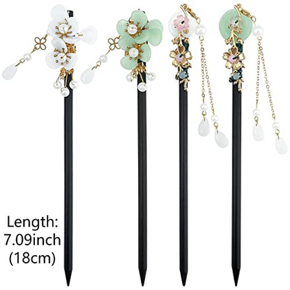 4 Pcs Japanese Chinese Hair Stick Retro Wooden Hairpin Flower Hair Chopsticks Vintage Hanfu Pins Headdress Classic Hair Fork for Long Hair Women