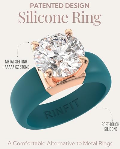 Rinfit Silicone Ring with Stone, Round Cut CZ | AAAAA Grade Cubic Zirconia, Solitaire Engagement Ring for Her, Flexible Rubber Wedding Band for Women, Patented Design - color: Pack P: Ocean / Rose Gold