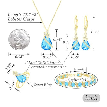 GZWHD Jewelry Set for Women CZ Earrings Necklace Ring Bracelet Set Prom Party Wedding Jewelry Gift for Mother Friend Wife - color: Gold-Sky Blue