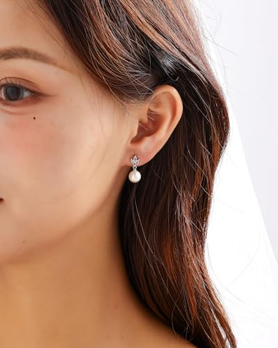 Pearl Earrings for Women, 14k Gold Plated Trendy Diamond Pearl Drop Earrings Bridal Shower Gifts Wedding jewelry for Women - color: Style G Silver