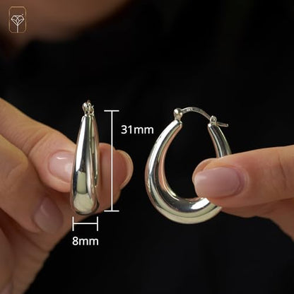 925 Sterling Silver Hypoallergenic Chunky Hoop Earrings for Women | Anti Tarnish Hoops in Various Styles by MAX + STONE - style: Oval Thick Hoops