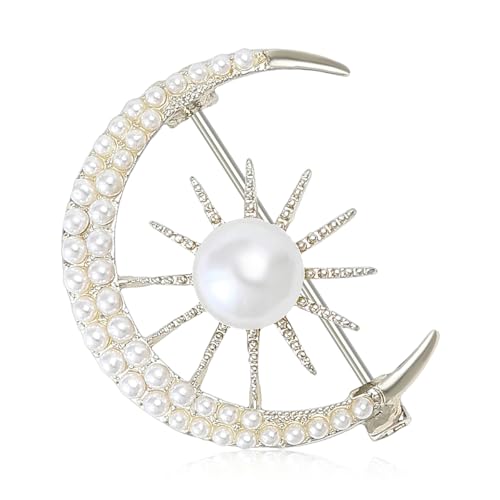 Pearl Sun Moon Brooch Lapel Pin Clothes Accessories Faux Pearl Crescent Moon Planet Gold Plated Pins Dress Suit Backpack Hat Corsage Brooches for Women Elegant Jewelry