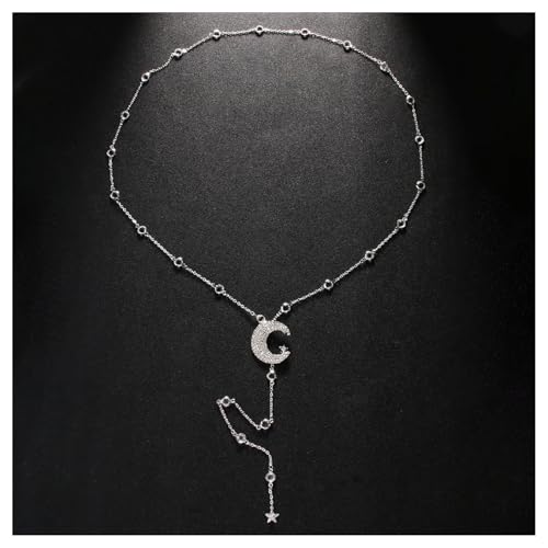 Simple Rhinestone Moon Star Back Chain Body Jewelry for Women Sexy Backless Crystal Necklace Bridal Wedding Backdrop Dress Accessories Jewelry - color: Silver