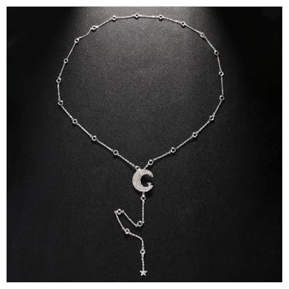 Simple Rhinestone Moon Star Back Chain Body Jewelry for Women Sexy Backless Crystal Necklace Bridal Wedding Backdrop Dress Accessories Jewelry - color: Silver