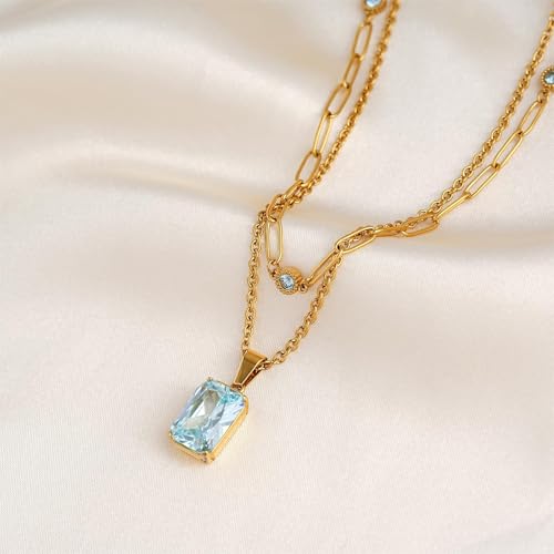 Birthstone Layered Pendant Paperclip Necklace 18k Gold Plated Heart Choker Chain Necklace Emerald Cut Jewelry Birthday Gift for Women - color: Emerald-Cut Aquamarine
