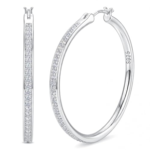 925 Sterling Silver Hoop Earrings for Women Sparkly Cubic Zirconia Large Hoops 18K White Gold Plated Hypoallergenic Lightweight Rhinestone Big Hoop Earrings 40/50MM Silver/Gold - color: 40mm-Silver