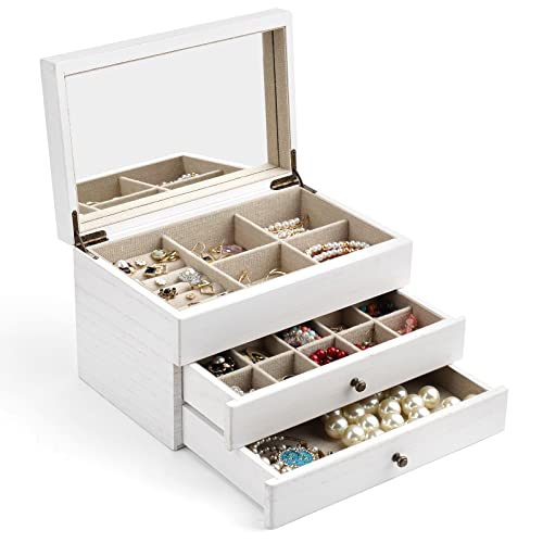 Meangood Jewelry Box Organizer for Women, 3 Layer Large Jewelry Storage Case, Rustic Wooden Jewelry Box with Mirror & Ring Tray for Necklace Earring Bracelets Rings, Vintage Style (White) - color: 3 Layer White, size: 3 Layer