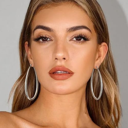 Gacimy Chunky Hoop Earrings for Women, 14K Gold Plated Oval Hoop Earrings with 925 Sterling Silver Post - color: Silver, size: 70mm