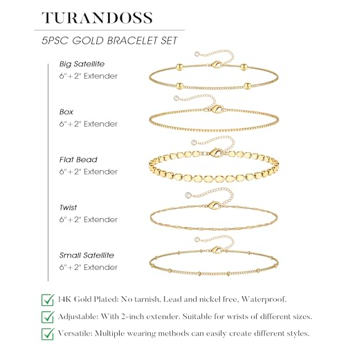 Gold Bracelet for Women, Waterproof Jewelry,5PCS | 14K Gold Plated Bracelets Stacks Non-Tarnish, Lightweight & Comfy, Trendy Adjustable Dainty Links, Women’s Jewelry Gift - color: 5 pcs-Big Satellite+Box+Flat Bead+Twist+Small Satellite