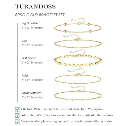 Gold Bracelet for Women, Waterproof Jewelry,5PCS | 14K Gold Plated Bracelets Stacks Non-Tarnish, Lightweight & Comfy, Trendy Adjustable Dainty Links, Women’s Jewelry Gift - color: 5 pcs-Big Satellite+Box+Flat Bead+Twist+Small Satellite