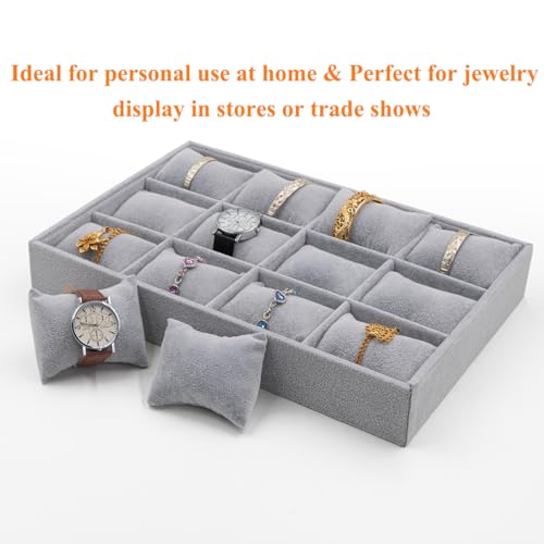 Jewelry Watch Tray, Grey Velvet Watch Jewelry Organizer 12 Grid, Stackable Watch Bracelet Bangle Display Holder, Adjustable Pillows, for Man Woman Show Birthday - color: Grey